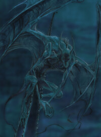 “But Carter preferred to look at them than at his captors, which were indeed shocking and uncouth black things with smooth, oily, whale-like surfaces, unpleasant horns that curved inward toward each other, bat wings whose beating made no sound, ugly prehensile paws, and barbed tails that lashed needlessly and disquietingly. And worst of all, they never spoke or laughed, and never smiled because they had no faces at all to smile with, but only a suggestive blankness where a face ought to be. All they ever did was clutch and fly and tickle; that was the way of night-gaunts.„
~ HPL , The Dream-Quest of Unknown Kadath night gaunt
