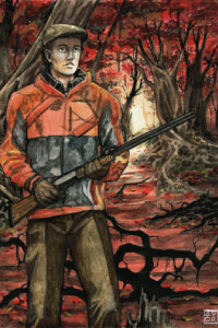 Louis Abraham Harcourt (Rampollo della dinastia Harcourt, 21 anni, Giovane cacciatore)
Basta dare un’occhiata a Louis per capire molto della famiglia Harcourt. Cortese ma rigido, il figlio di Henry è simile come una goccia d’acqua al capo famiglia. Belloccio e atletico, vestito di tutto punto non sfigurerebbe in un gala della nobiltà europea. E’ pacato nel parlare e moderato negli argomenti, quando è in presenza del padre cerca sempre il suo sguardo prima di aprire bocca. Durante la caccia si è mosso con facilità e sicurezza, chiacchierando ed intrattenendo gli ospiti quando possibile e diventando silenzioso quando necessario. La maggior parte del suo equipaggiamento sembra fatto a mano e su misura e stona con il giaccone mimetico arancione ad alta visibilità.
Watercolor illustration davide l marescotti louis abraham harcourt